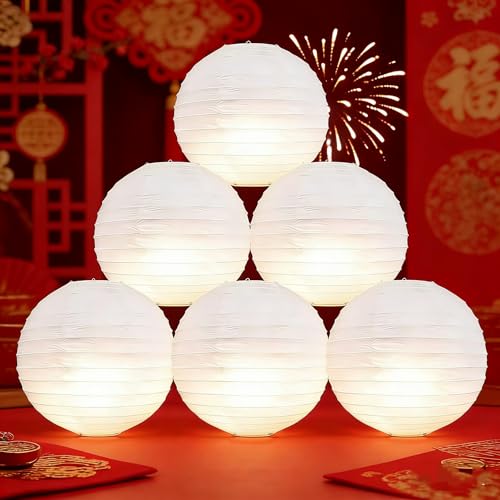Faroles de papel redondos blancos de 12 pulgadas con luz LED, decorativos, chinos/japoneses, para cumpleaños, bodas, Navidad, novia, decoración del hogar, decoración de fiestas (6 paquetes)