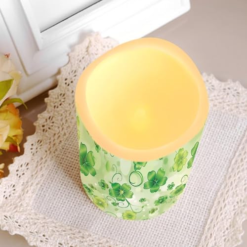 Image of Saint Patrick's Day Green Leaf Plastic Flameless Candles with Remote Control and Timer LED Flickering Battery Electric Pillar Candles for Table St. Patrick's Day Decoration