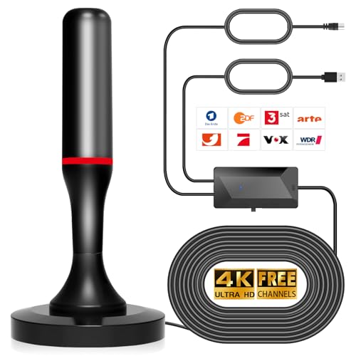 DVB-T/DVB-T2 HD Antenne,TV-Zimmerantenne für Smart-TVs Mit Verstärker und Magnetfuß für 360° HD-Empfang.Unterstützt 4K/1080P - Alle TV-Geräte DAB/UHF/VHF (3 Meter Kabel)