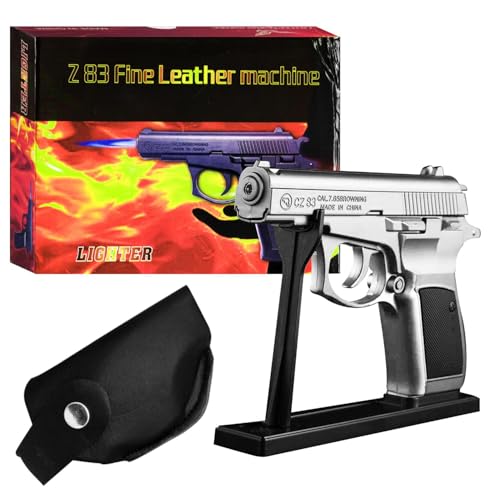 Image of Z83 Lighter with Barrel Half Pull Back Heavy Metal Made Silver Color Gun Shape Gas Lighter with PU Holster | Dummy Gun Jet Flame Butane Refillable Lighter