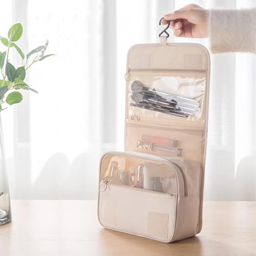 Image of Large Hanging Toiletry Bag for Women Travel Makeup Organizer Cosmetic Pouch with Sturdy Hook Water Resistant Bathroom Wash Bag Multiple Compartments for Skincare Cosmetics & Brushes Beige