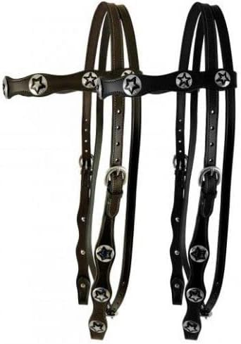 Double Stitched Leather Browband Headstall w/Silver Star Conchos & Reins