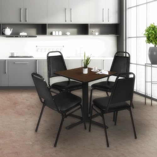 Image of Romig Pillar 30 in. Square Breakroom Table- Neo Walnut & 4 Restaurant Stack Chairs- Black