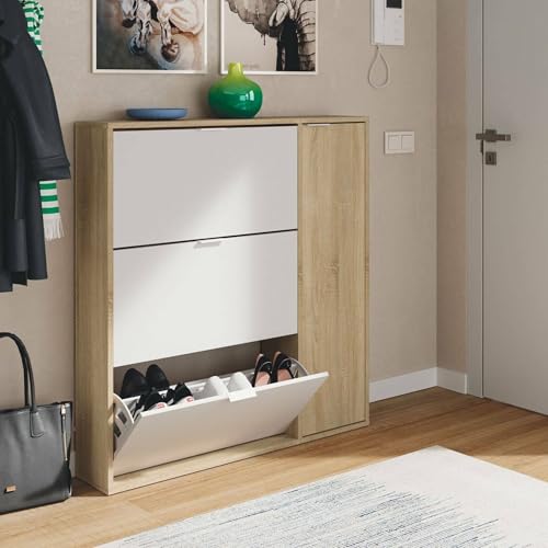 Dmora - Provo Schuhregal, Schuhschrank mit 4 Türen, Mehrzweck-Unterschrank mit 5 Regalen, modernes Schuhregal, 106 x 22 x 115 cm, Eiche und Weiß
