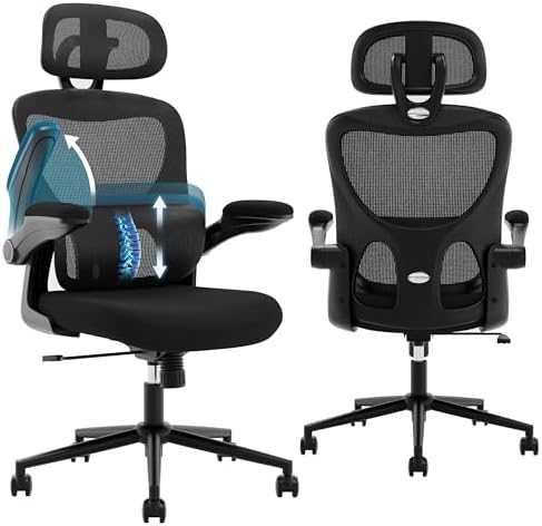 Home Mesh Office Chair, Ergonomic Desk Chair with with Adjustable Lumbar Support, Flip-up Armrest, Headrest, Comfort Wide Seat, High Back Desk Chair and Big and Tall Comfy Computer Gaming Task Chair