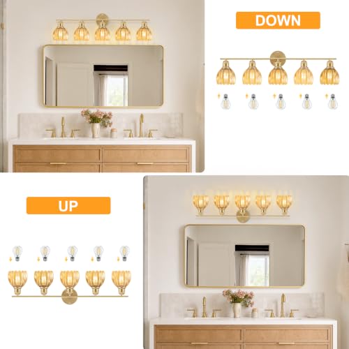 Image of Bathroom Light Fixtures, 5-Light Brushed Gold Vanity Lights for Bathroom with Amber Tulip Glass Shade, 30 inch Vintage Bathroom Vanity Lighting Fixtures Over Mirror for Bedroom Living Room Hallway