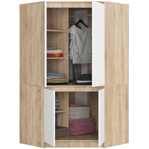 BDW - Armoire d'Angle pour Chambre à Coucher - Grande, 100 cm de Large, 180 cm de Haut - Avec Tringle et Étagères - Chêne Sonoma, Blanc