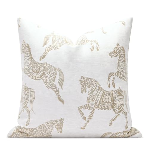 AIBU HOME Equestrian Style Throw Pillow Cushion Cover 22x22 inch, Double Sided Beige Horse Pattern Chenille Jacquard Embroidered Pillow Covers for Sofa Couch Bed Living Room Bedroom
