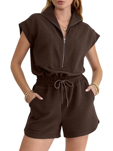 Image of Rompers for Women Summer Short Sleeve Half Zip Lapel Collar Jumpsuit Casual Drawstring One Piece Outfits with Pockets