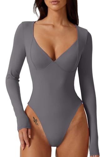 Image of QINSEN Women's Long Sleeve Bodysuit V Neck Body Suits Seamed Cup Going Out Tops Shirt