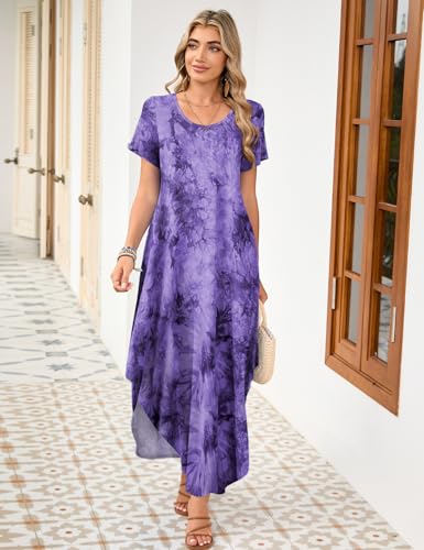 Image of JollieLovin Womens Plus Size Casual Summer Maxi Long Dress Short Sleeve T-Shirt Loose Sun Dress(L-5X)
