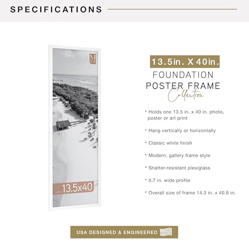 Image of MCS Foundation 13.5x40 Poster Frame Traditional White, Vertical & Horizontal Wall Hanging Large Picture Frame for Photos, Panoramics, Posters & Art Prints (1-Pack)
