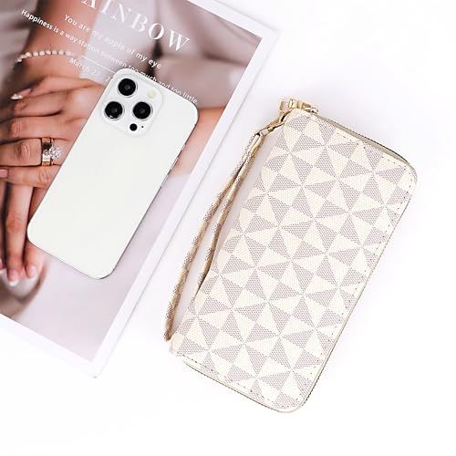 Triangle Pattern Wallet, Double Zipper Pockets, PU Leather Cellphone Purse Credit Card Cash Holder, Beige and Gray Grid4