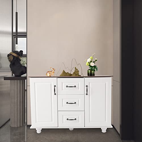 Yinzinr 3 Drawers Sideboard Cupboard, 2 Door Coffee Bar Cabinet, Freestanding Cupboard Cabinet White 29In #TOP2