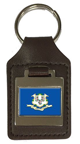 Porte-clés en cuir véritable avec gravure fine drapeau Connecticut