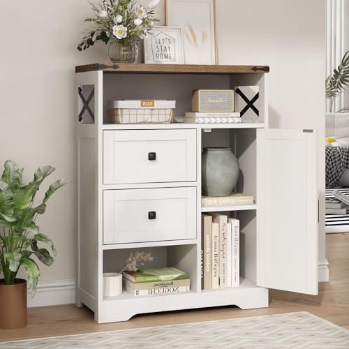 Fameill White Farmhouse Storage Cabinet With 2 Drawers & Shelves,Freestanding Storage Cabinet With Doors & Open Storage,Floor Storage Cabinet For Living Room,Bathroom,Kitchen,Laundry thumb #5