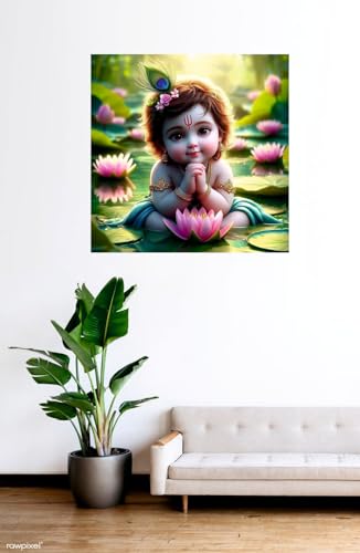 Image of Baby Krishna With Pink Flower God Wall Poster for Pooja Room, Office, Kids Room (Size- 46CM X 46CM)