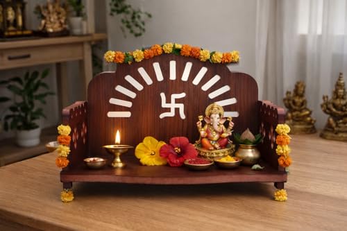 Image of Wooden Pooja Mandir for Home & Office - Mini Pooja Stand for Wall Hanging | Small Wood Temple for Desk & Shelf | Compact Devghar for Home Wall Mounted & Tabletop (8.5 x 6 x 5.5 Inch, Brown)