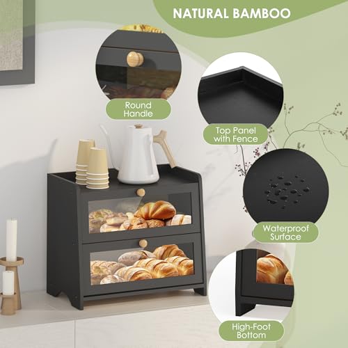 JANSNIMEN Double Layer Bread Box for Kitchen Countertop, Large Breadbox Bread Container Storage with Windows, Wooden Farmhouse Bread Holder (Black)