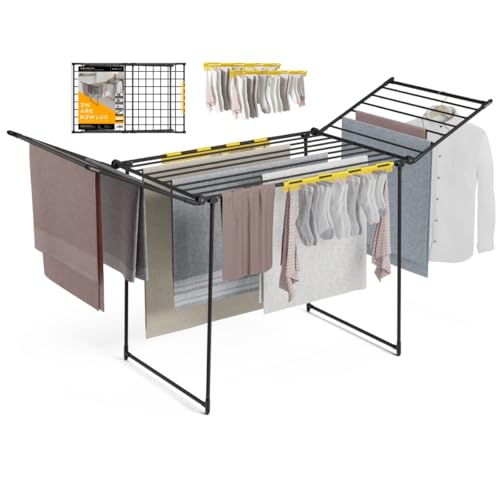 Newlux - Tendedero Plegable con Alas Bold V22, Tubos 5 Veces Más Resistentes, 180x55x112 cm, 26M de Secado, 25Kg de Carga. Tenderete de Ropa Plegable con Soporte para Calcetines, Fácil Plegado, Negro