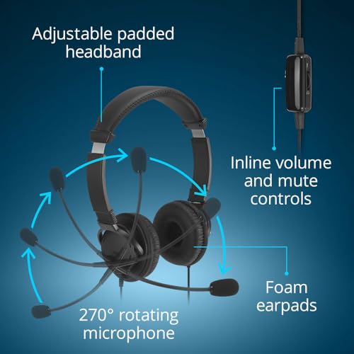Image of Kensington Classic EQ USB-C Headset with Mic and Volume Control, 6 ft (1.8m) Nylon Braided Cord, for School, Kids, Adults, Padded Adjustable Headband, Black (K97464WW)