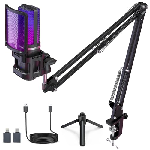 zealsound Micro Gaming pour PC Telephone iPhone, avec RGB et Sourdine, Adaptateur USB-C &amp; Lightning, Trépied &amp; Bras, Prise 3,5 mm, Microphone USB à Condensateur pour Podcast Streaming Twitch Youtube