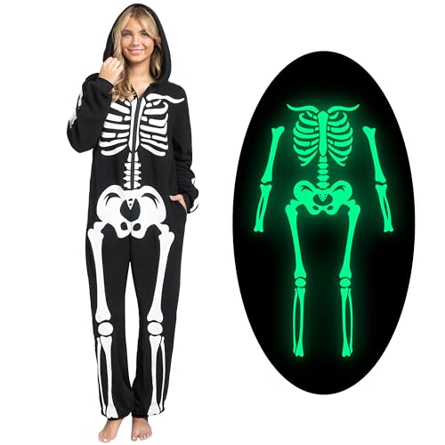 Spooktacular Creations Erwachsene Skelettkostüme für Frauen leuchten im dunklen Jumpsuit Pyjama Reißverschluss mit Kapuze-Jumpsuit Halloween...