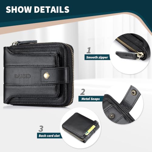 Image of BAIGIO Genuine Leather Wallets for Men Multi Card Purse with Zipper Wallet Men RFID Blocking Coin Pocket (Type 2-Black)