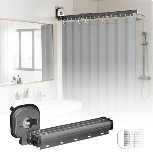 Barra de cortina de ducha sin taladrar con cortina de ducha y anillas, barra de cortina de ducha plegable 360° de aluminio para forma de L y ducha esquinera, plegable y ahorra espacio (gris, 3