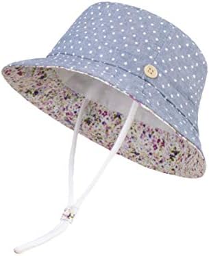LANGZHEN Sun Protection Hat for Kids Toddler Boys Girls Wide Brim Summer Play Hat Cotton Baby Bucket Hat with Chin Strap (Denim Blue - dots, M: 1T-2T (50cm /19.7"))
