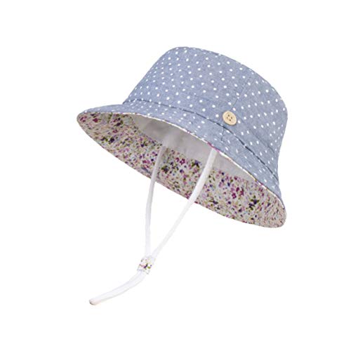 Langzhen Sun Protection Hat For Kids Toddler Boys Girls Wide Brim Summer Play Hat Cotton Baby Bucket Hat With Chin Strap (Denim Blue - Dots, M: 1T-2T (50Cm /19.7")) #TOP19