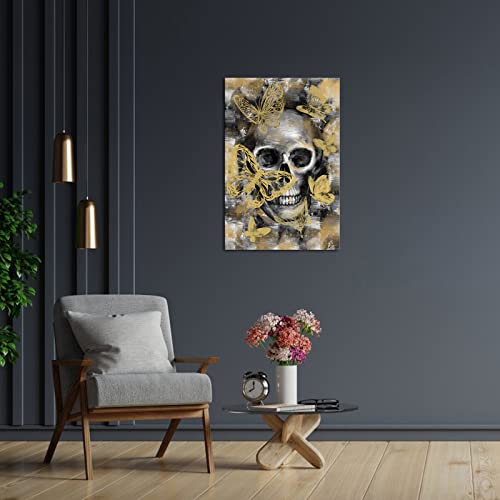 Fushvre Skull Canvas Wall Art Skeleton Head And Gold Butterfly Painting Framed Gothic Theme Artwork For Bedroom Living Room Decor Mexican Day Ready To Hang 24"X36" #TOP3