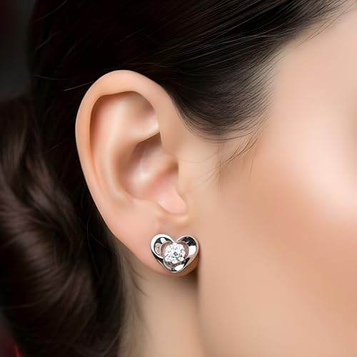 Image of Silver Heart Stud Earrings for Women - Elegant Floral Sparkle Design