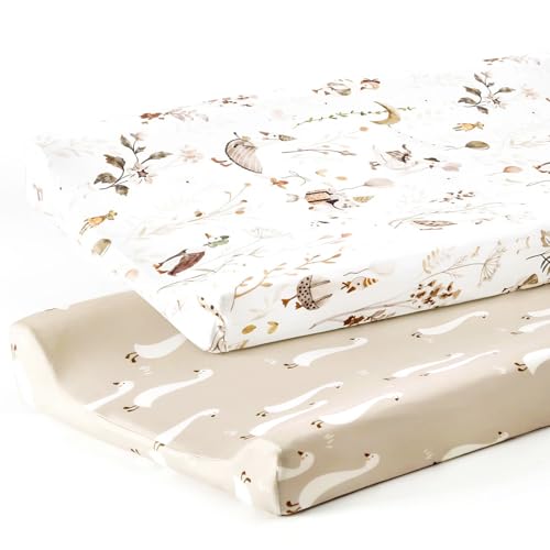 Image of GRSSDER Stretch Ultra Soft Jersey Knit Changing Pad Cover Set 2 Pack, Change Table Pad Covers Fit 32"/34" x 16" Pads Safe and Snug, Pretty Pattern for Baby, Happy Party