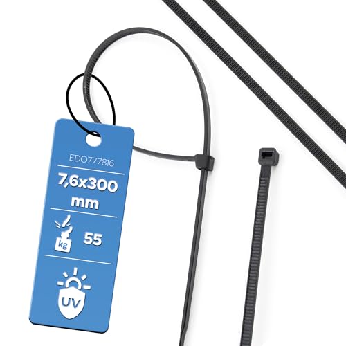 EDO Buntband 7,6x300mm Svarta 100 st - Nylon PA66, Draghållfasthet 55kg, UL94 V2, Halogenfria, UV-beständiga - Självlåsande kabelband, Zip Ties för Kabelhantering, Elinstallation, Bil