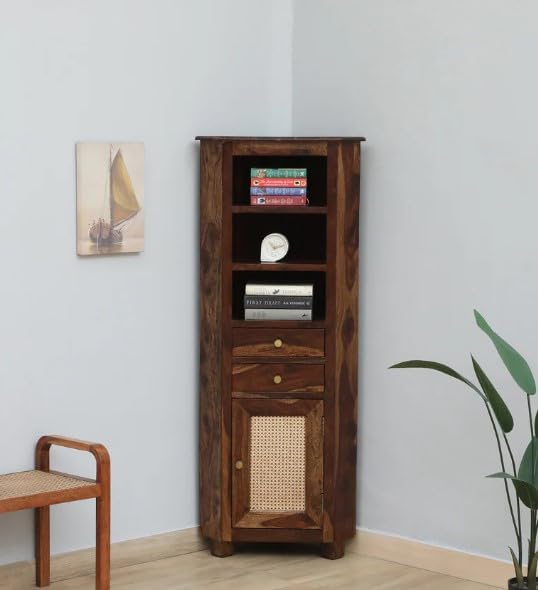 Sheesham Wood Corner Bookshelf Cabinet for Living Room | Wooden Storage Unit with Open Shelves, Drawer & Cane Door | Multipurpose Bookcase Organizer for Bedroom, Office & Home Decor | Provincial Teak-image-30