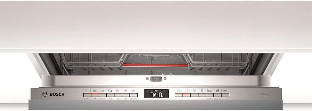Close-up of the Bosch dishwasher control panel with LED display