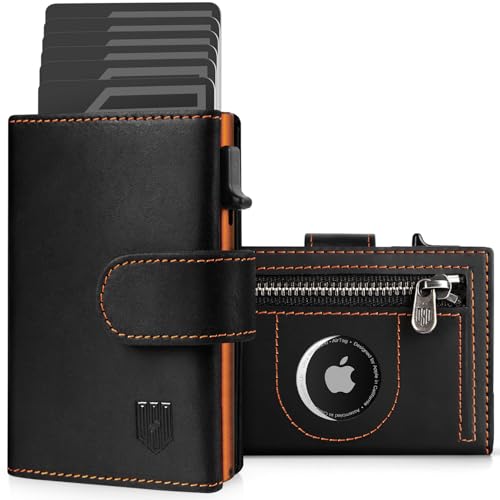 DODENSHA AirTag Wallet RFID Blocking Genuine Leather Pop Up Credit Card Holder Wallet with Coin Pocket ID Window Banknote Compartment & Snap Closure