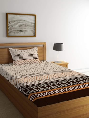 LOOMLYFE 300 TC Cotton Feel Glace Elastic Fitted Printed Single Bed Bedsheet with 1 Pillow Cover Fits Upto 6 Inches Mattress,Size- 42X75X8 Inches, CoffeeT