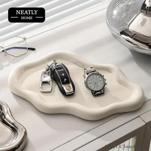 Image of Aesthetic Handmade Oval Cloud Trinket Tray Handmade | Jewelry Organizer | Vanity Tray for Women | Minimalist Home Decor, Candle Holder & Multipurpose - 24 x 16 cm