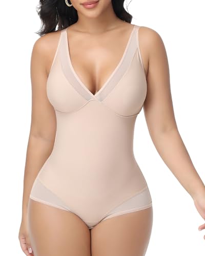Womens Shapewear Deep V Neck Bodysuit Tummy Control Corset Bodysuit Slimming Mesh Sheer Outing Outfits