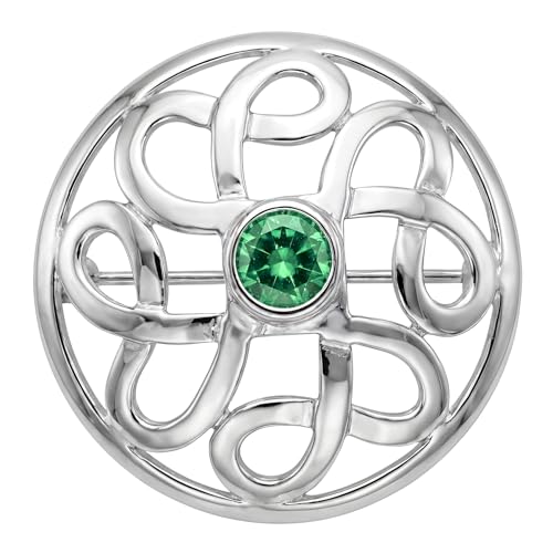Image of Alexander Castle 925 Sterling Silver Celtic Brooch for Women - Ladies Brooch Pin with Green Cubic Zirconia & Jewellery Gift Box - 28mm