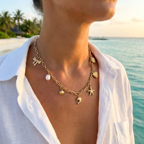 RINHOO Gold Charm Necklace for Women - Paperclip Chain Summer Beach Ocean Theme Jewelry with Starfish Shell Pearl Dolphin Pendants 18K Gold Plated Boho Vacation Necklaces Y2K Coastal Gifts (Style 2-Dolphin) - image 3