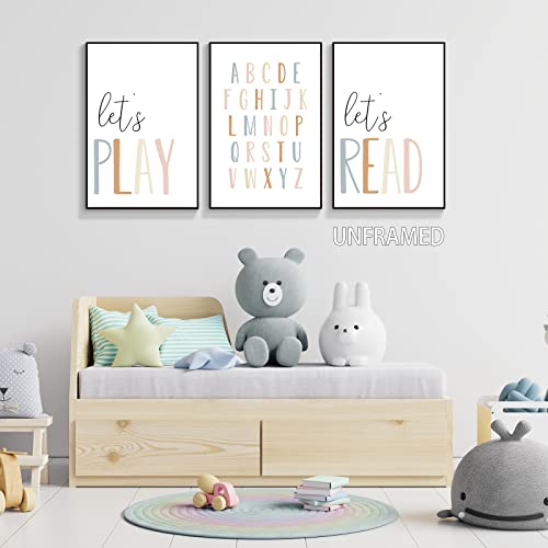 3 Piece Let's Play Let's Read Canvas Wall Art Kids Playroom Alphabet Learning Posters Educational Abc Letters Prints For Toddlers Neutral Book Reading Art Classroom Preschool Decor 12X16In Unframed #TOP4