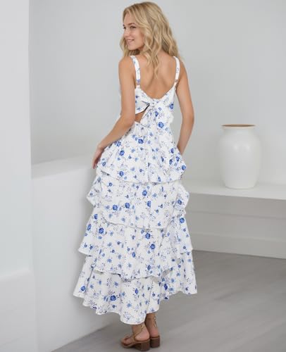 Image of Tiered Ruffle Dress Women Casual Summer Spaghetti Strap Sleeveless Floral Layered Maxi Dress for Women Beach Sundress