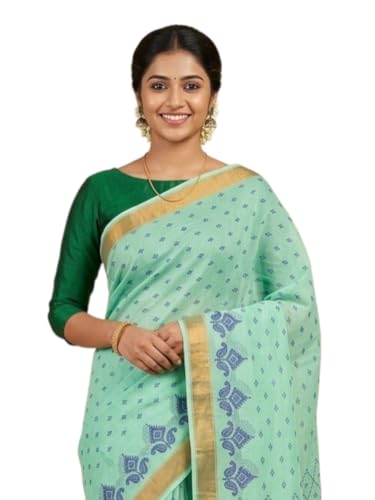 Image of eC ESHA'S COLLECTION Women's Kerala Cotton Floral Motif Printed Zari Bordered Tant Saree Without Blouse Piece