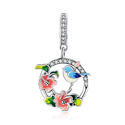 Joyería para mujer con pulsera con dije de pájaros y flores en plata ley 925