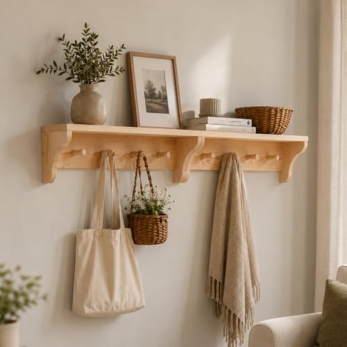 2 Pcs 24.8 Inch Shaker Peg Rack with Shelf, Entryway Coat Rack Wall Mounted