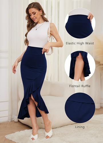 Women's Elegant Elastic High Waist Asymmetrical Fishtail Ruffle Split Office Bodycon Midi Business Pencil Skirt3