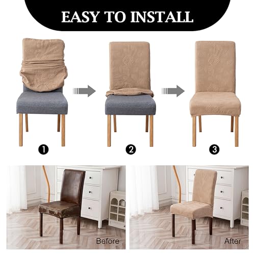 Image of Genina Waterproof Dining Chair Cover Set of 2,Kitchen Chair Cover,Khaki | Stretch Dining Room Chair Slipcovers with Leaf Jacquard,Removable Kitchen Chair Protector for Home,Restaurant,Banquet
